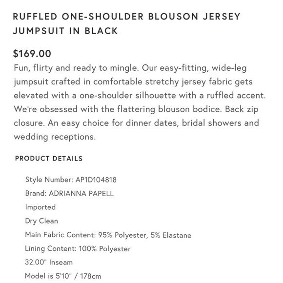 ADRIANNA PAPELL RUFFLE ONE SHOULDER BLOUSON WIDE LEG BLACK JERSEY JUMPSUIT - Picture 2 of 16